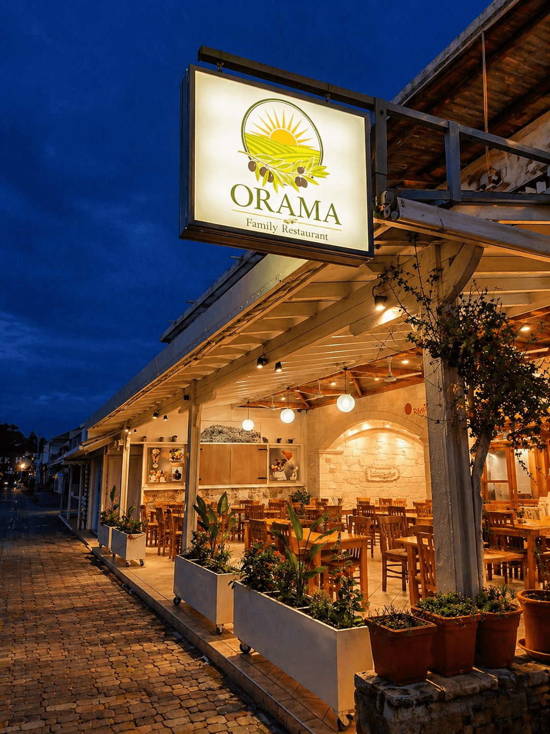 Orama exterior at night